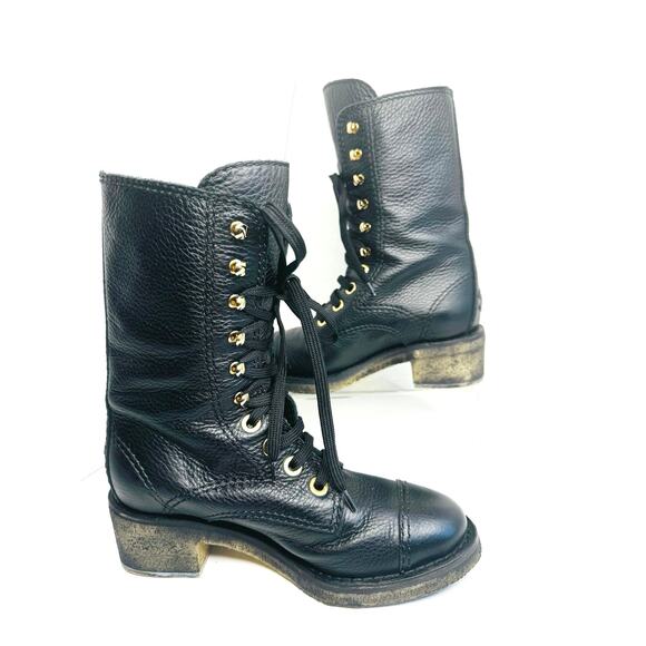 CHANEL Black Grained Leather Lace-Up Combat Boots with Gold Eyelets Size 36.5 - Picture 2 of 12